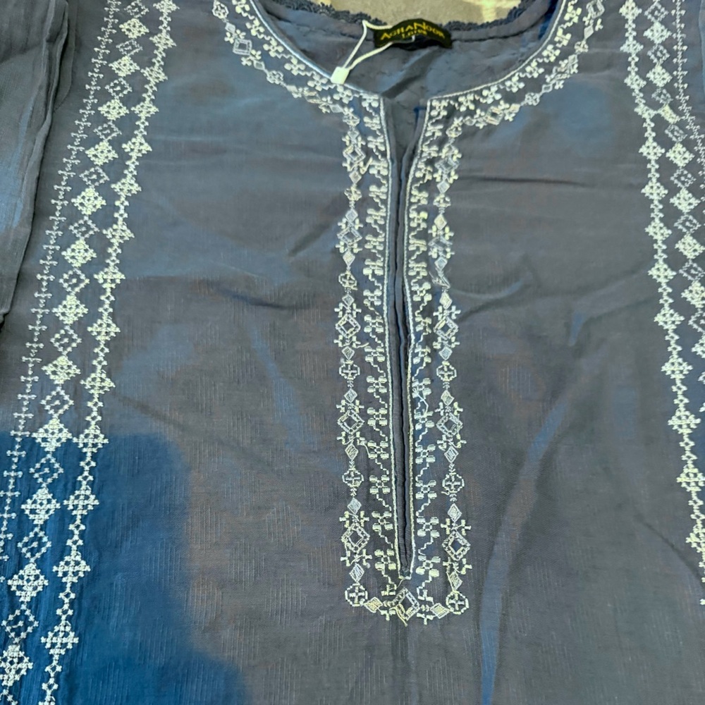 Agha Noor Pakistani Kurta Blue Broshia Cotton Fully Embroidered Front Size Large - Picture 5 of 8